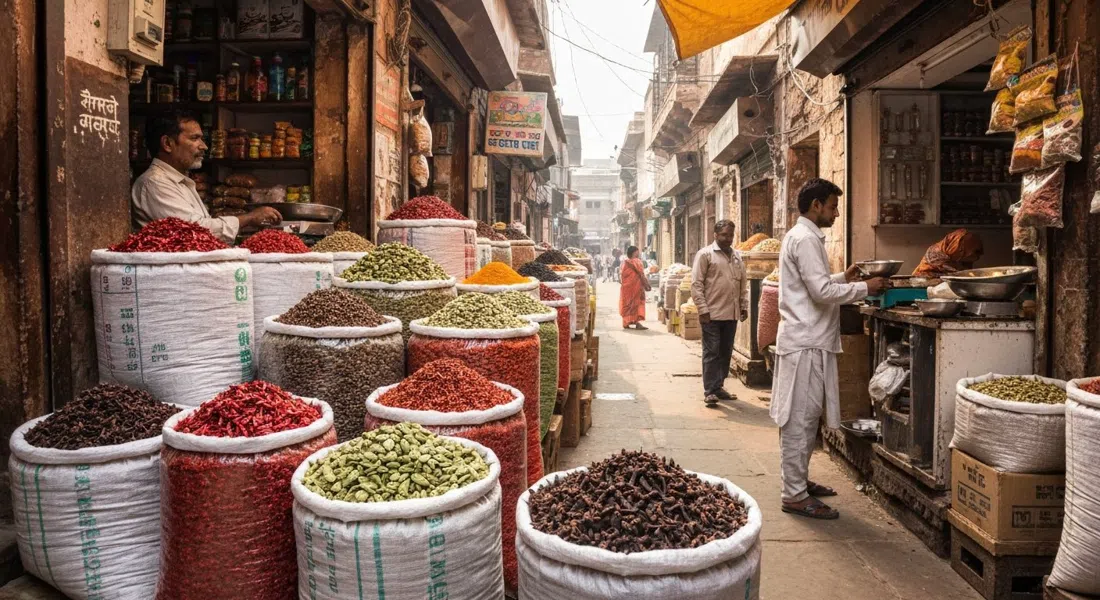 sacos de chile rojo, cardamomo y clavo apilados hasta los hombros en el mercado de especias de Rawatpara, con un callejón estrecho y tenderos pesando productos en la luz de la mañana