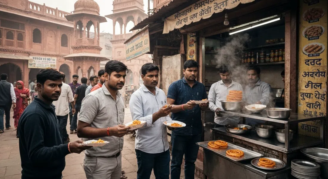 un bullicio matutino en Bhagat Halwai en Belanganj, platos de papel de bedai y jalebi en mano, vapor elevándose en la primera luz