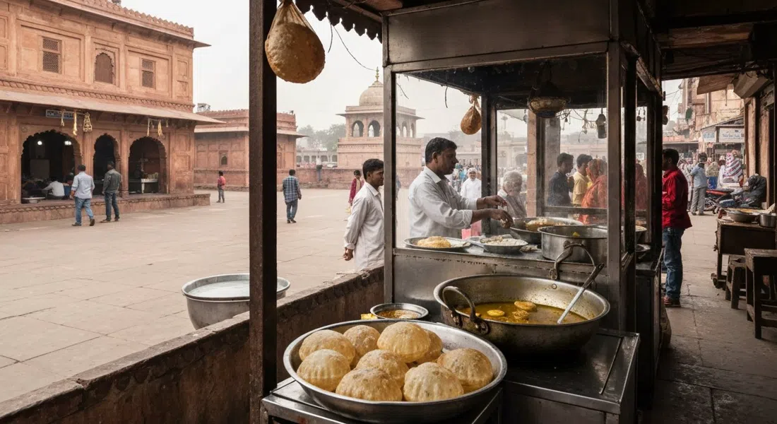 un pequeño mostrador en Chimman Lal Puri Wale cerca de Jama Masjid, puris inflándose en desi ghee junto a una olla de acero de aloo sabzi