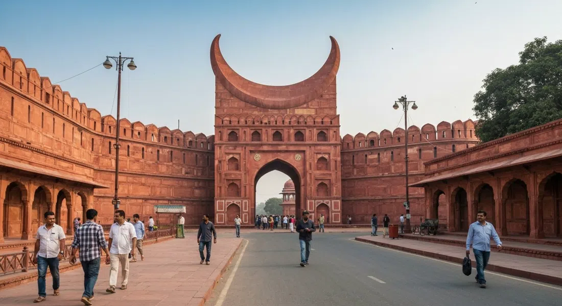 los muros de arenisca roja del Fuerte de Agra y la Puerta Amar Singh en la luz temprana de la mañana, con la enorme forma de media luna del fuerte elevándose sobre la calle