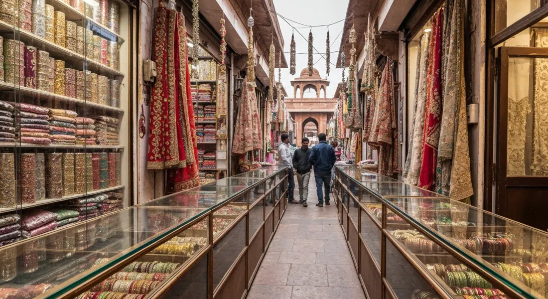 el callejón estrecho de Kinari Bazaar lleno de adornos nupciales brillantes, pulseras y tiendas de telas, bullicio del mediodía reflejado en mostradores de vidrio