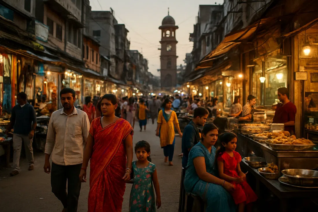 Sadar Bazaar al atardecer en Agra Cantonment, fachadas iluminadas, familias y puestos de comida llenando la calle peatonal
