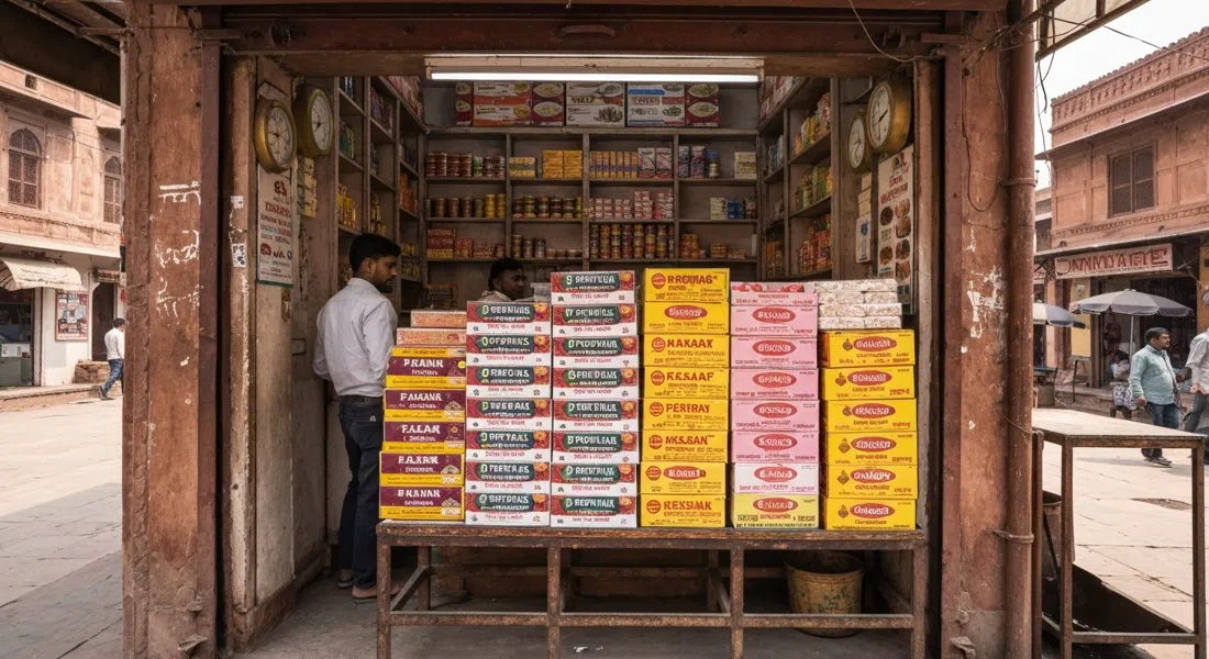 Fachada de la tienda original de Panchhi Petha en Sadar Bazaar, Agra, con cajas apiladas ordenadamente de petha simple, kesar y angoori listas para llevar