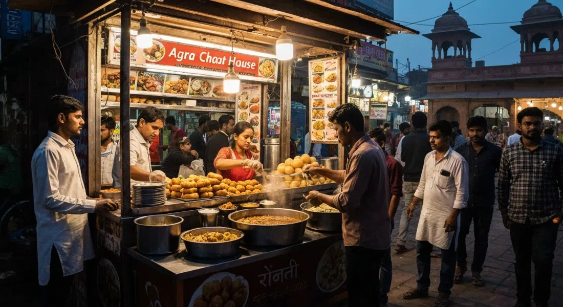 Agra Chaat House en Chaat Gali, un puesto de chaat atestado por la tarde con aloo tikki, dahi bhalla y golgappa preparándose bajo luces brillantes