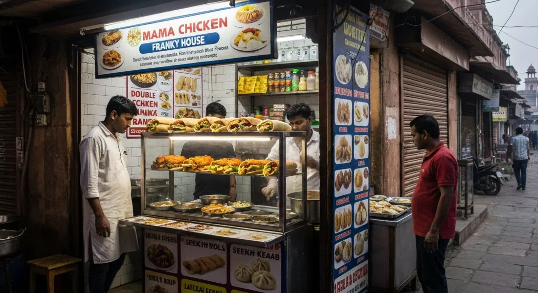 Mama Chicken Mama Franky House en Sadar Bazaar, un mostrador al anochecer sirviendo double-chicken franky rolls, seekh kebabs y momos