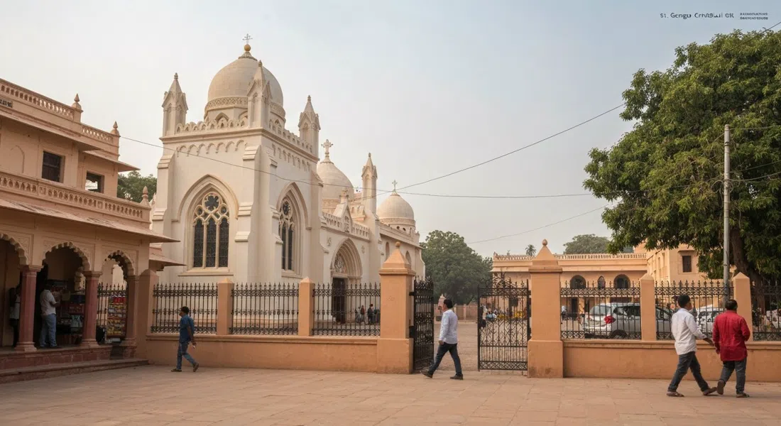 Catedral de San Jorge en Station Road, Agra Cantonment, muros de estuco ocre con adornos blancos y la fachada de la iglesia con luz suave de día