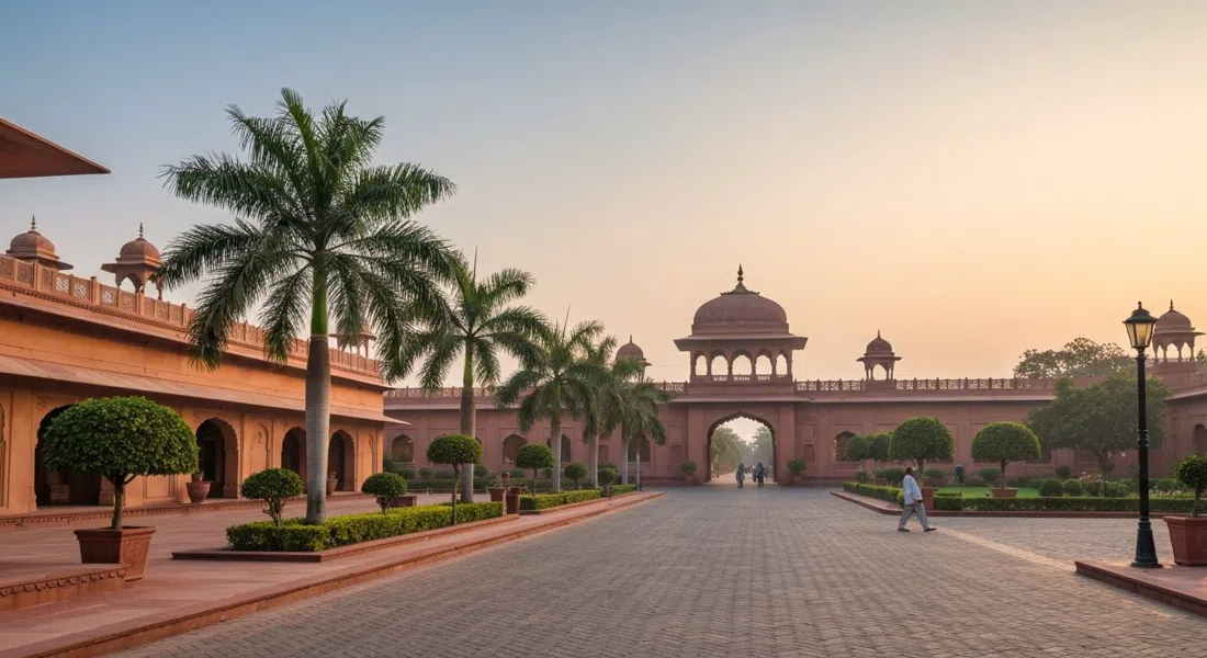 Fachada del hotel ITC Mughal en Fatehabad Road al amanecer, amplia entrada, palmeras y arquitectura mogol bajo la suave luz matutina