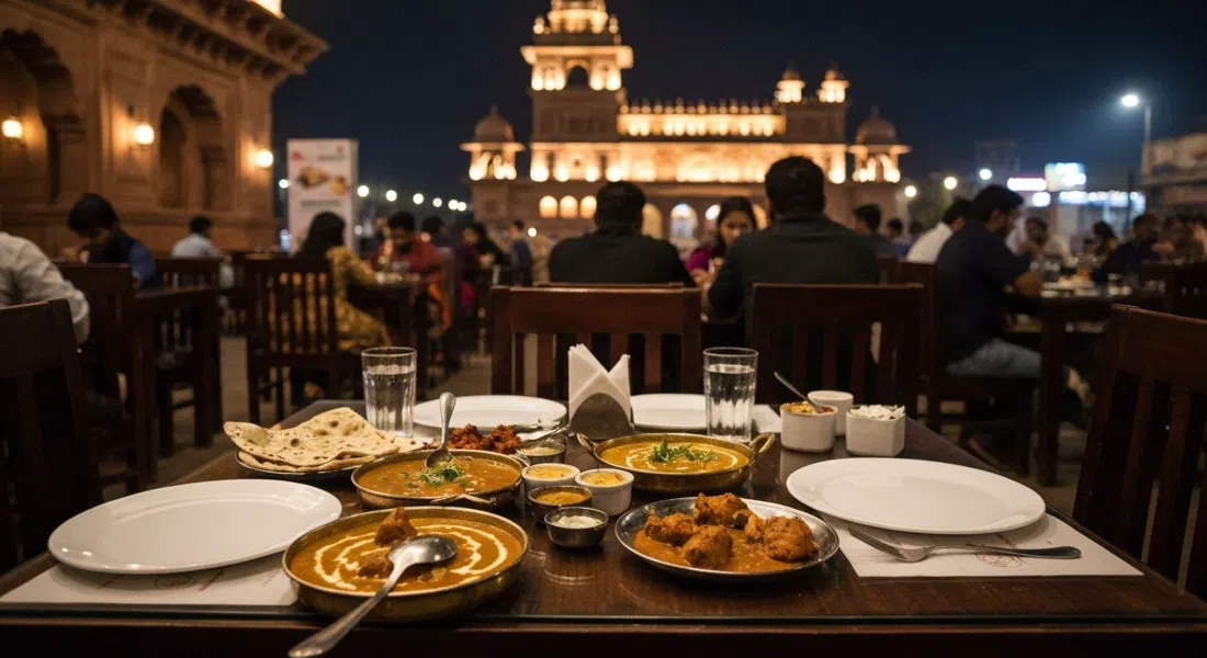 Mesa de cena concurrida en Pinch of Spice en Fatehabad Road, ricos curries del norte de India, butter chicken y naan en una mesa de restaurante pulido por la noche