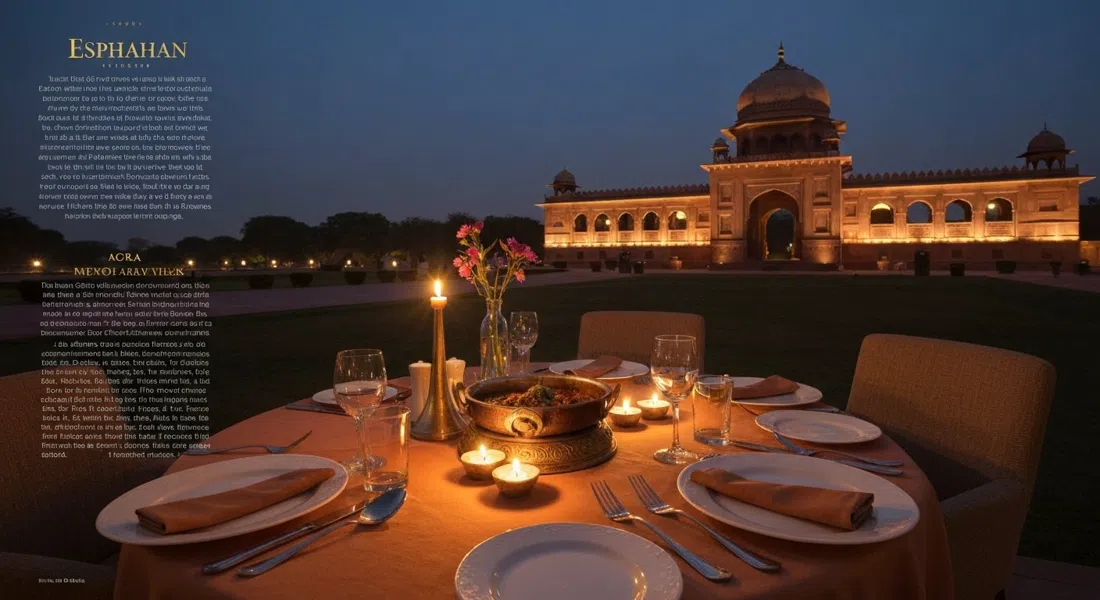 Mesa iluminada con velas en Esphahan en The Oberoi Amarvilas, platos tandoor mogoles y ambiente tenue con música en vivo, elegante entorno nocturno