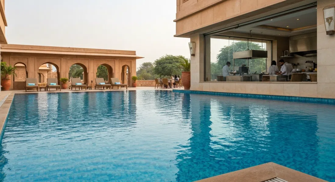 Asientos junto a la piscina en MoMo Café en Courtyard by Marriott, cocina abierta en vivo visible a través del vidrio, escena de comedor de hotel diurna brillante