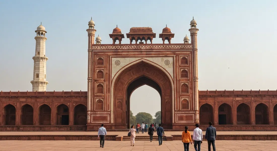 la puerta sur de la Tumba de Akbar en Sikandra, Agra, con su enorme arco de arenisca roja y cuatro minaretes de chhatri de mármol blanco bajo el sol matinal nítido