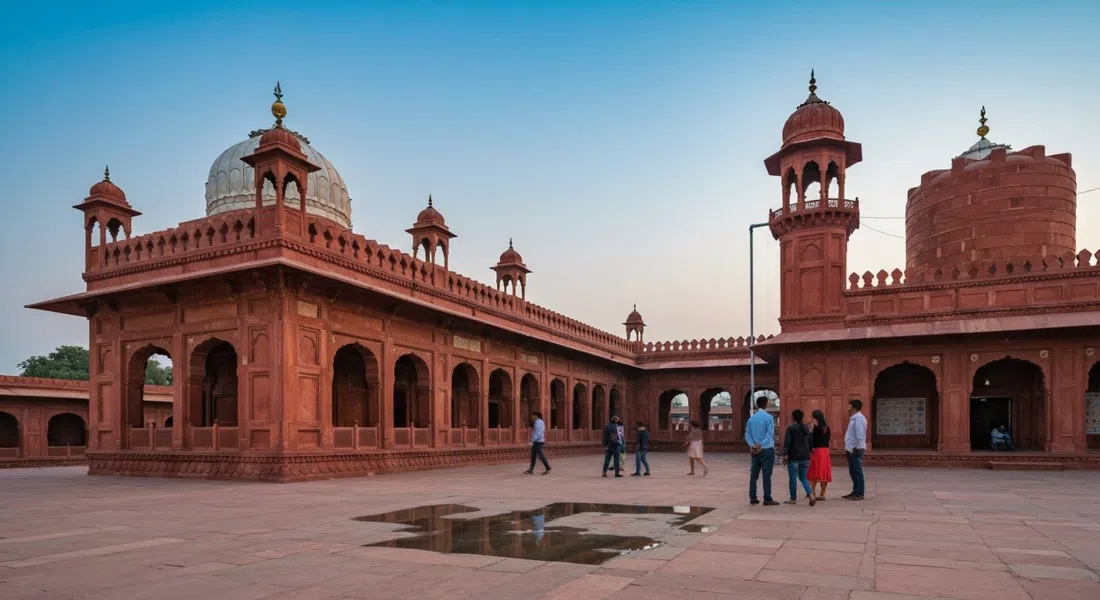 Gurudwara Guru ka Taal en Sikandra, Agra, con su fachada de arenisca roja y tanque de agua reflectante bajo un cielo despejado al atardecer