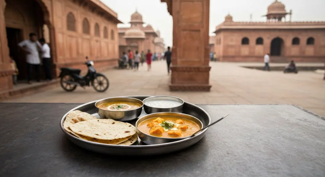 un thali del norte de la India sencillo en Bhagwati Dhaba en la carretera de Mathura, Agra, con dal makhani, paneer butter masala, rotis, raita y papad en un plato de acero