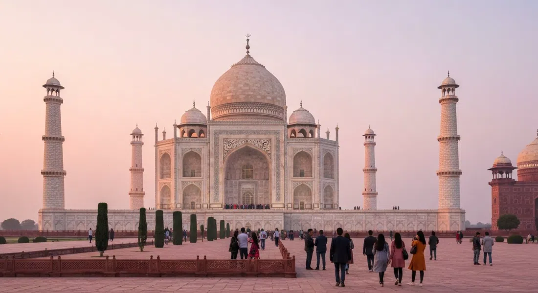 el Taj Mahal visto desde el lado de la Puerta Este al amanecer, luz rosa suave en el mármol y una fila dispersa de visitantes tempranos en primer plano