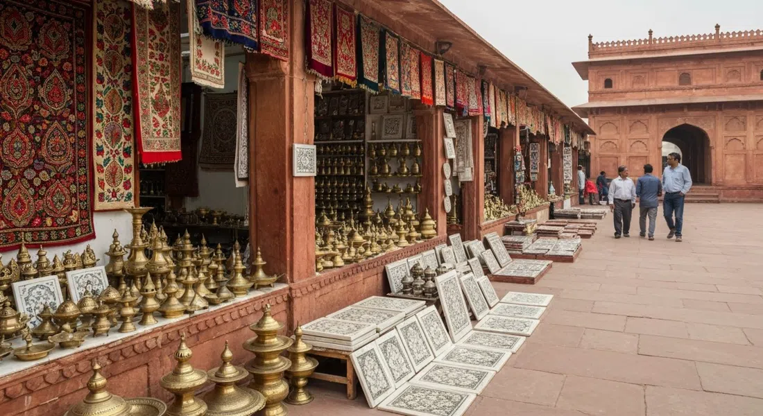 puestos dentro del emporio de artesanías Shilpgram cerca de la Puerta Este del Taj, con textiles bordados, lámparas de latón y piezas de incrustación de mármol exhibidos a la luz del día al aire libre