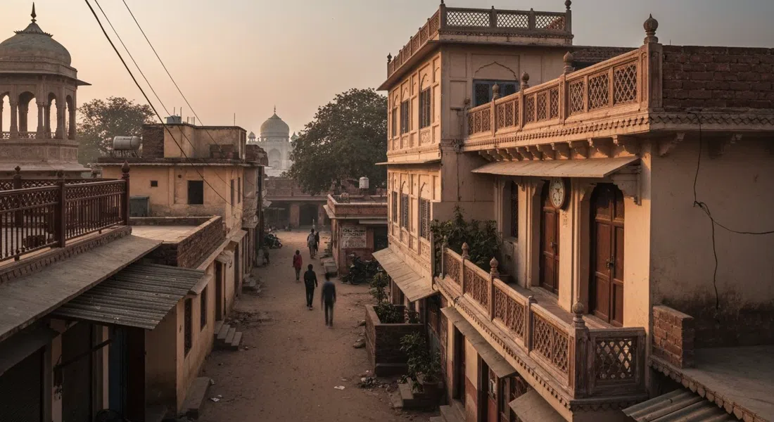 callejuelas polvorientas y estrechas de Taj Ganj al amanecer, casas de huéspedes de poca altura y terrazas en azotea frente al área del Taj, con una quietud previa al amanecer