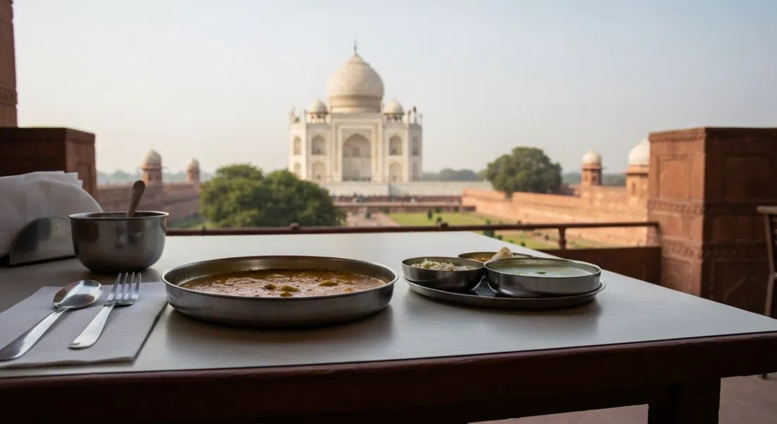 un thali sencillo en Shankara Vegis sobre una mesa en la terraza de la azotea, con la vista del Taj suavizada al fondo y luz diurna sobre los platos de acero inoxidable