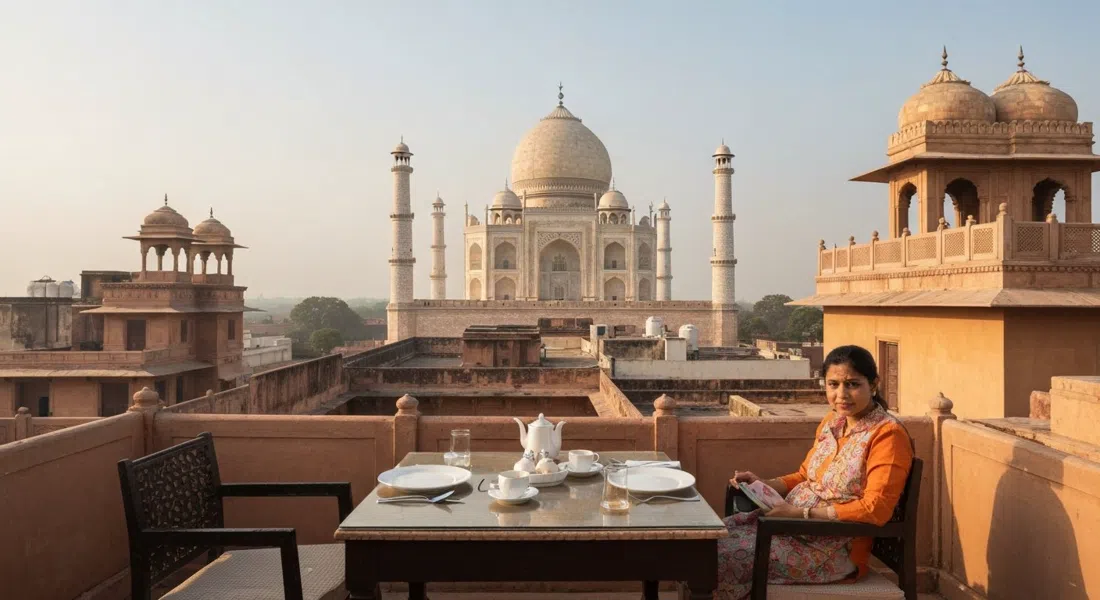 la terraza en la azotea de Saniya Palace a la hora del desayuno, una vista directa de la cúpula del Taj Mahal más allá de los techos bajos con platos y té sobre la mesa