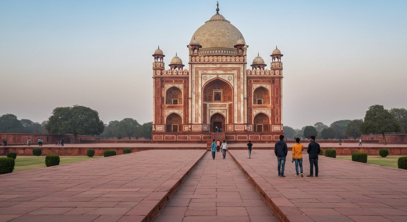 Akbar's Tomb at Sikandra, Agra, seen from the long approach through the charbagh garden, red sandstone and white marble glowing in early morning light